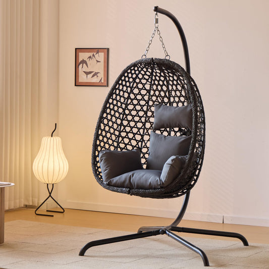 Indoor Hanging Chair with Stand for Bedroom, Hexagon Rattan Wicker Swing Egg Chair for Bedroom Porch Garden Patio Outdoor, Hammock Egg Swing Chair with Cushion,350LBS Capacity(Dark Grey)