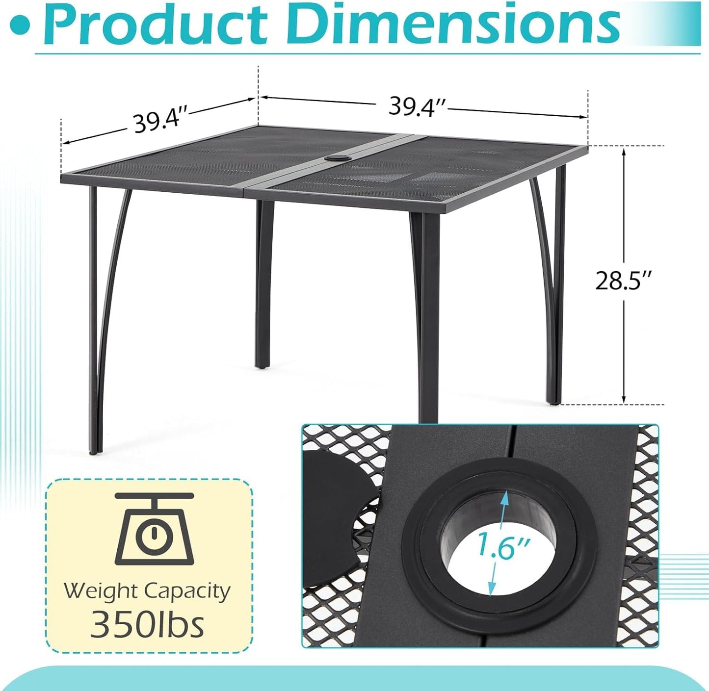 AECOJOY39.4 Outdoor Patio Dining Table and Chairs Set for 4, Square Metal Patio Table with 1.6" Umbrella Hole, All-Weather Resistant Outdoor Furniture Table Set for Patio, Backyard, Garden, Poolside