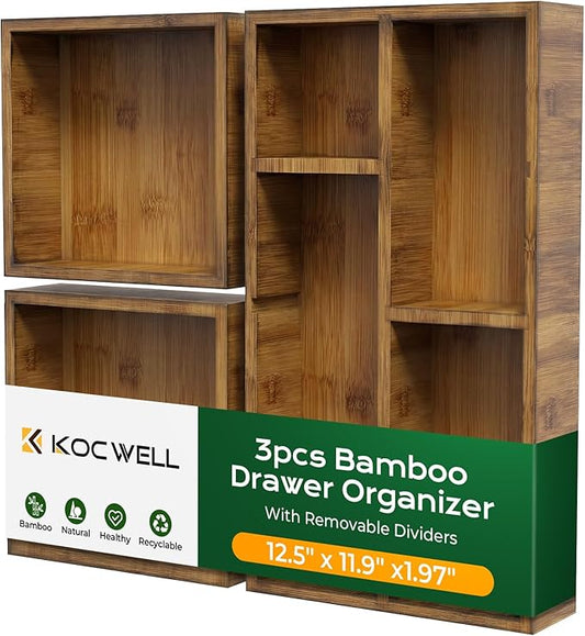 KOCWELL Bamboo Desk Drawer Organizer with Removable Dividers,Multi-Use Office Drawer Organizer Tray,Junk Drawer Organizers for Office,School,Kitchen,Makeup Supply（Carbon Brown）
