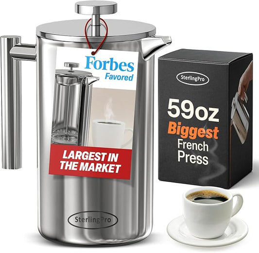 SterlingPro Stainless Steel French Press Coffee Maker 1.75 L (59 oz) Mirror – Double Walled Insulated Extra Large French Press, Durable Design Keeps Drinks Hot, Easy to Use and Clean for Rich Flavor