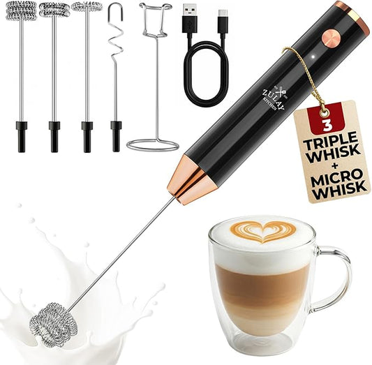 Zulay Kitchen Rechargeable Milk Frother Handheld - Lux 4 Whisks, Powerful 2-Speed Motor, Waterproof, 2000mAh Battery - Drink Mixer for Latte, Cappuccino, Matcha & Protein Powder - Dark Copper