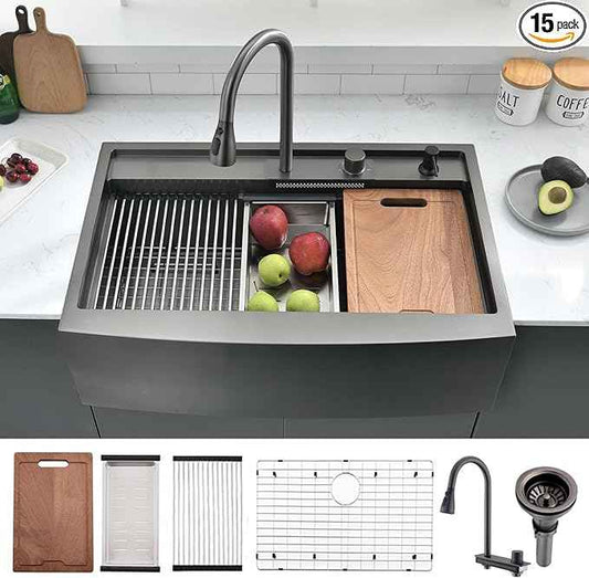33 Inch Farmhouse Kitchen Sink Splash Guard Waterfall Workstation Black- VOKIM 33x22Inch Apron Front Kitchen Sik Stainless 16 Gauge Farm Sink With Multifunctional Top Loading Flying Rain pull-out
