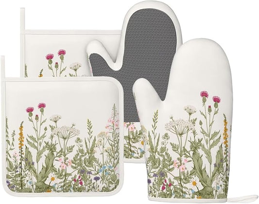 Wildflower Botanical Oven Mitts and Pot Holders Set Silicone Heat Resistant Floral Plant Herbs Sage Green Leaves Kitchen Gloves Set Kitchen Mittens Pot Holders for Cooking Baking Grilling