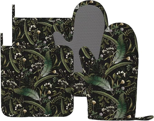 Mushrooms Oven Mitts and Pot Holders Sets Silicone Forest Plants Wild Berries Herbs Ferns Kitchen Oven Mitts Hot Pads Heat Resistant Potholders Kitchen Mitts Set for Baking BBQ Cooking