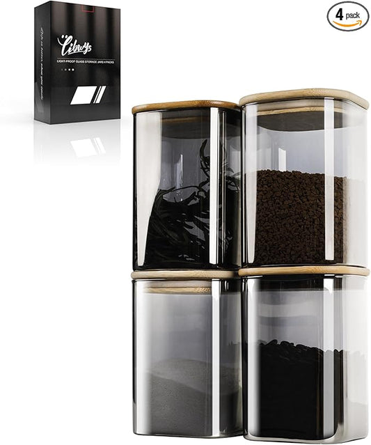 LIBWYS 4-Pack Anti-UV Square Glass Storage Jars with Bamboo Lids (1.22Qt) - Light Resistant Containers (LRC) for Pantry Organization, Coffee Beans, Loose Tea, Sugar, Pet Food | Kitchen Canisters Set
