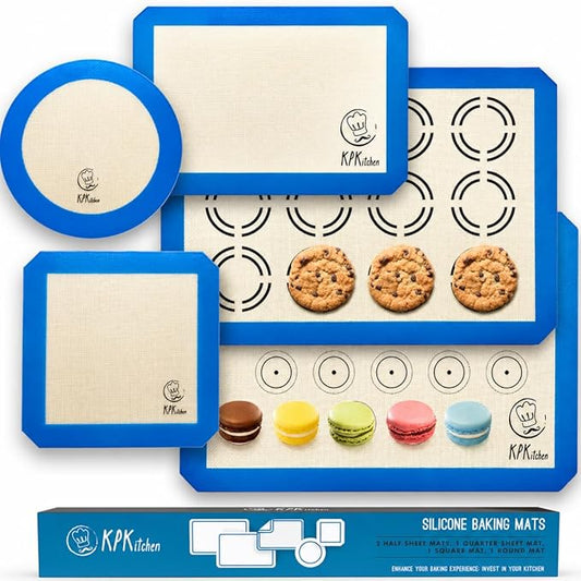 Silicone Baking Mat Set of 5-2 Half Sheets (Macaron & Cookie Circle On Mat) + 1 Quarter + 1 Round & 1 Square Size Silicone Baking Sheet - Nonstick & Easy to Clean - 100% Silicone Mats for Baking