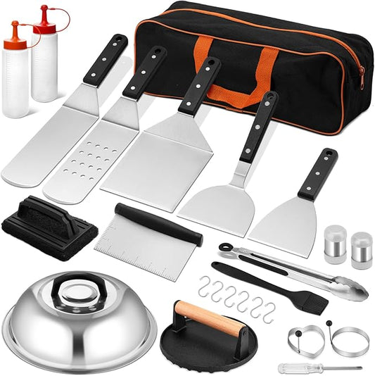 25Pcs Griddle Accessories Kit, Leonyo Flat Top Grill Accessories, Commercial Grilling Tools with Enlarged Spatulas, Basting Cover, Metal Scraper, Smash Burger Press for Outdoor Barbecue, ABS Handle
