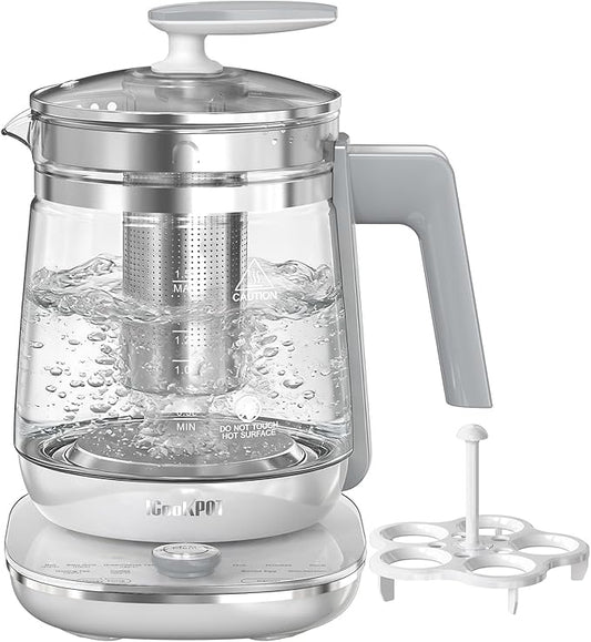 1200w Electric Kettle, 1.5L Borosilicate Glass tea kettle, Hot water kettle electric for Coffee or Tea, BPA Free, Auto Shut-Off, Stainless Steel, Fast Boil, White
