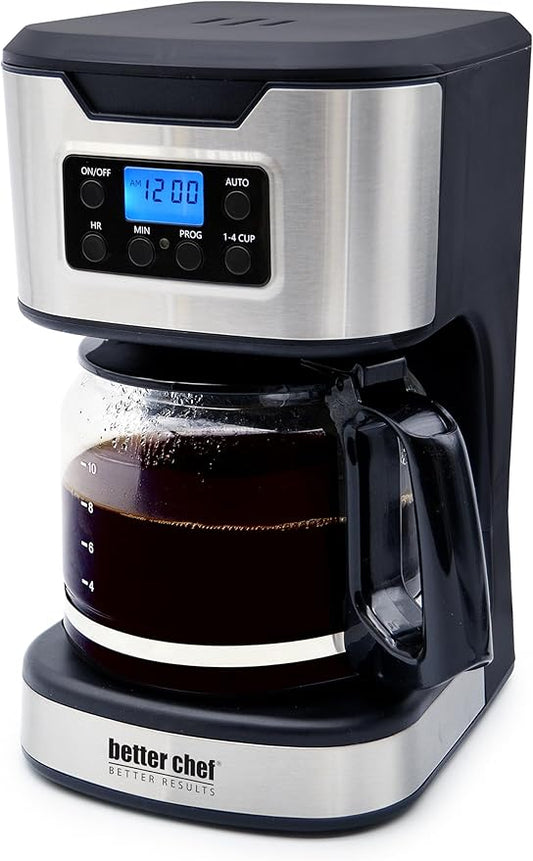 Better Chef Programmable 12-Cup Coffee Maker | 1-4 Cup Setting | Auto-Pause to Serve | 2hr Keep Warm | Perma-Filter | Stainless (Stainless)