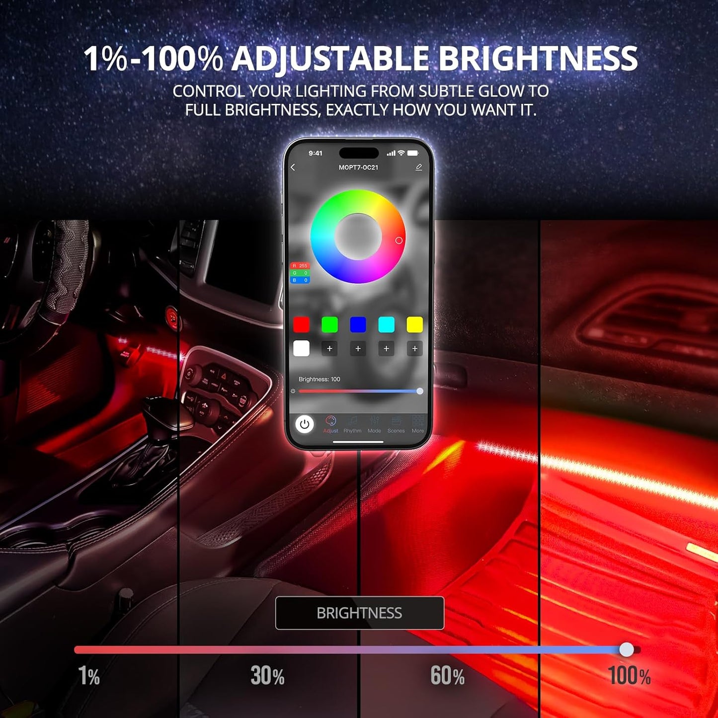 OPT7 Aura DreamColor RGB-IC Car Interior Ambient Light, 6PC Double Row LED Strips, Color Chasing Light Kit w/APP & Remote Control, Universal for Vehicles SUV Trucks Pickups Van