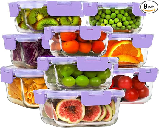 HOMBERKING Glass Food Storage Containers with Lids, 18 Piece Meal Prep Containers, Airtight Lunch Bento Boxes, BPA-Free & Leak Proof (9 Lids & 9 Containers) - Purple
