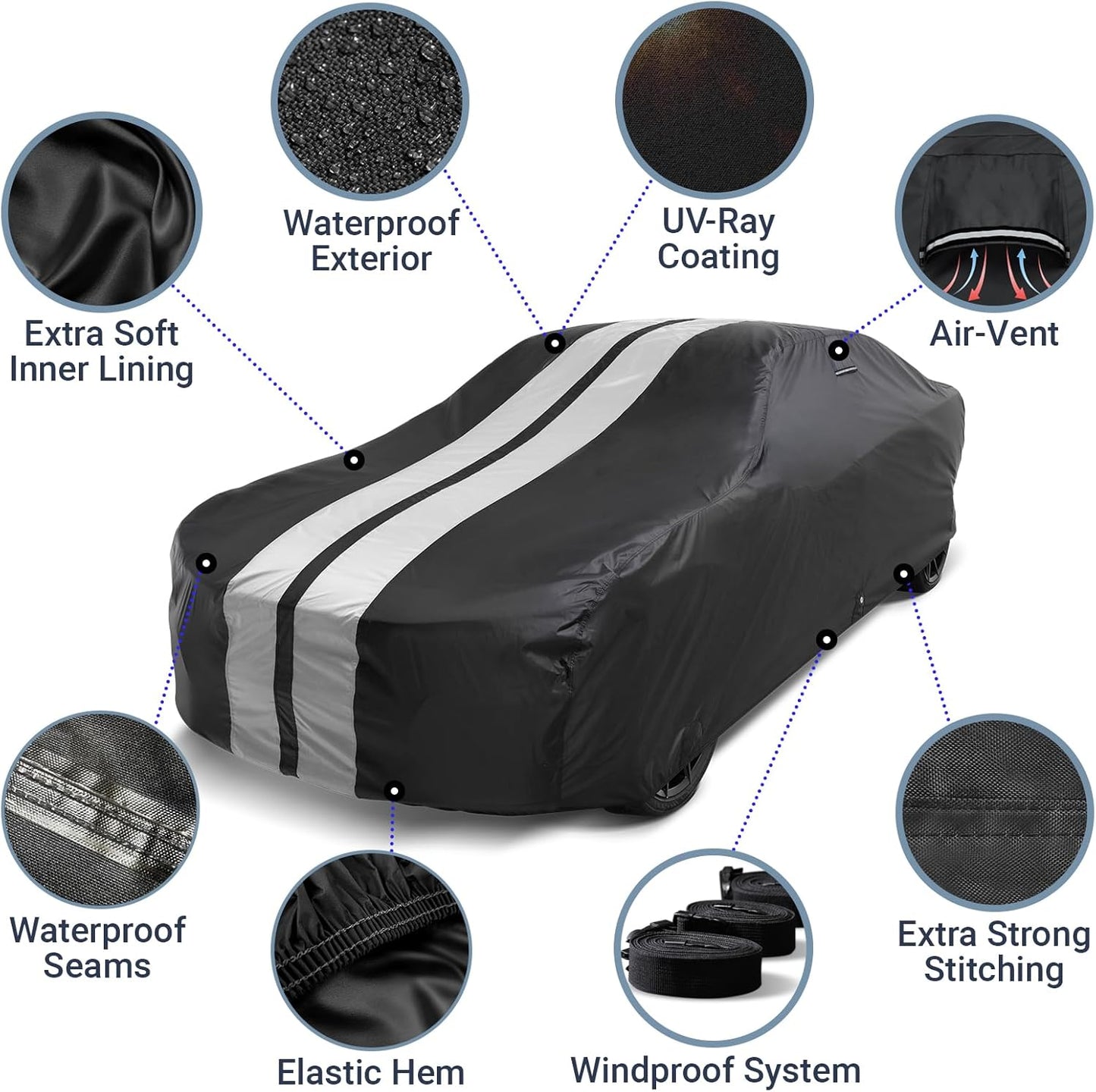 iCarCover Custom Car Cover for Chevy Corvette C5, C6, C7 (1997-2019) Waterproof All Weather Rain Snow UV Sun Protector Full Exterior Indoor Outdoor Car Cover (Stripe - Black/Gray)