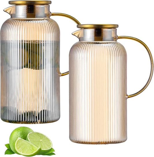 Buaic Glass Pitcher with Lid, 2 PACK 84 oz/ 2.5 Liter Amber Classic Vertical Stripes Water Pitcher,Glass Water Carafe for Cold Brew, Coffee, Lemonade, Iced Sun Tea,Beverage, Milk, Heat Resistant