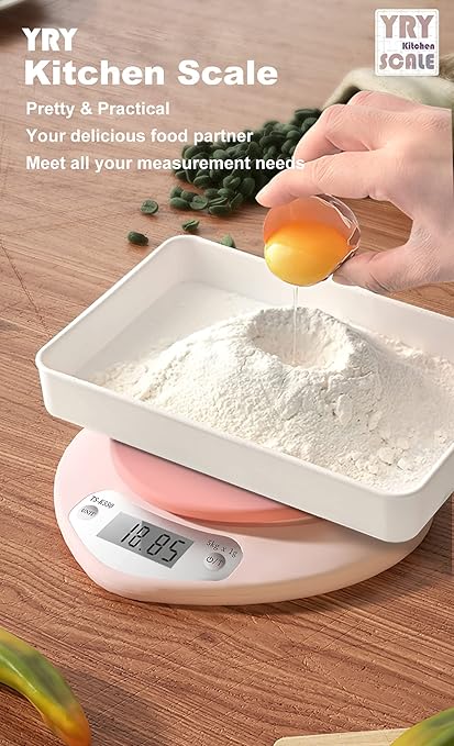YRY Pink Kitchen Scale - Large LCD, Tare Function, 11 lbs Capacity, 0.03 oz Precise Graduation - Perfect Food Scale for Baking & Cooking, ML & Oz Unit for Liquids and Solids (Pink 5kg/1g)
