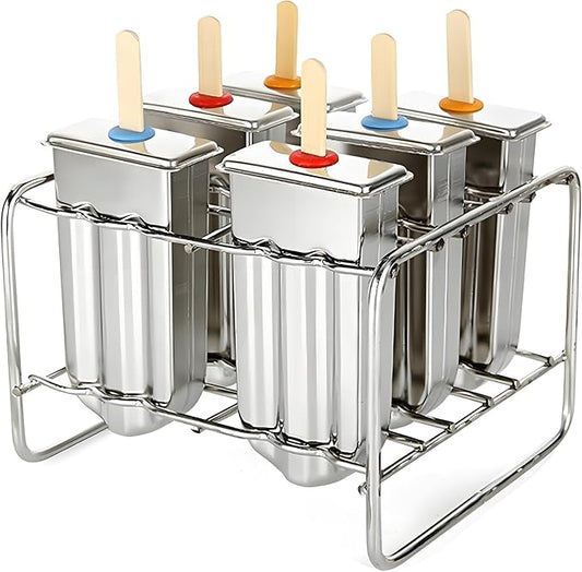 Stainless Steel Popsicle Molds, Set of 6 Ice Cream Maker, Ice Pop Molds With Holder, Metal Reusable Homemade Popsicle Molds with Sticks and Bags (Round Head, with Slot)