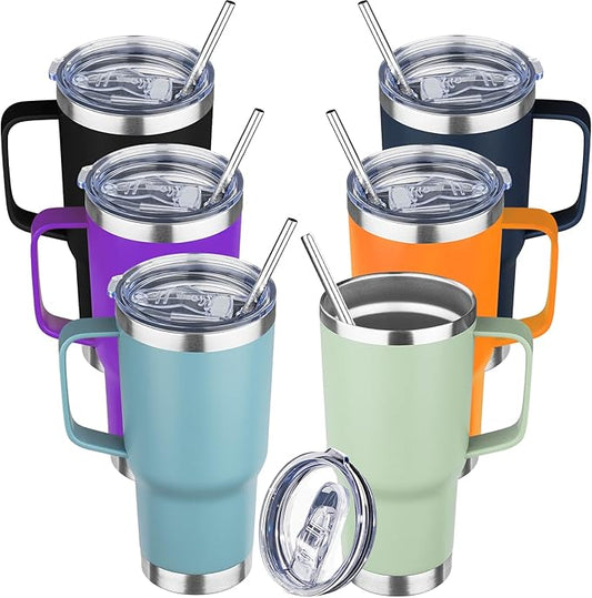 20 oz Tumbler with Handle Stainless Steel Insulated Coffee Tumbler with Lid and Straw Double Wall Vacuum Insulated Coffee Mug Leak Proof Travel Mug Tumbler for Hot and Cold Drink, Mix Color-10