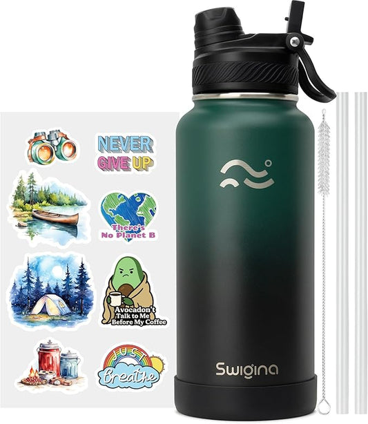 Swigina Insulated Water Bottle with Silicone Boot (36hrs Cold/18hrs Hot) - DIY Stickers, [2-in-1 Lid], BPA Free, 32 oz