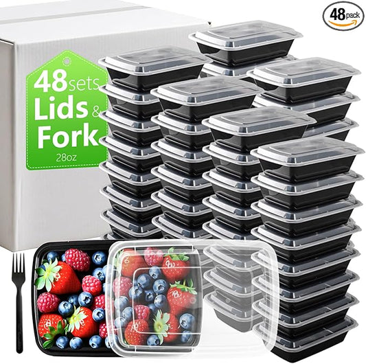 28oz Meal Prep Containers Bulk 48 Set with Forks and Lids - To Go Food Containers 1 Compartment Snack Container Reusable Food Storage Containers, Freezer Safe and Leakproof Plastic Lunch Take Out Box