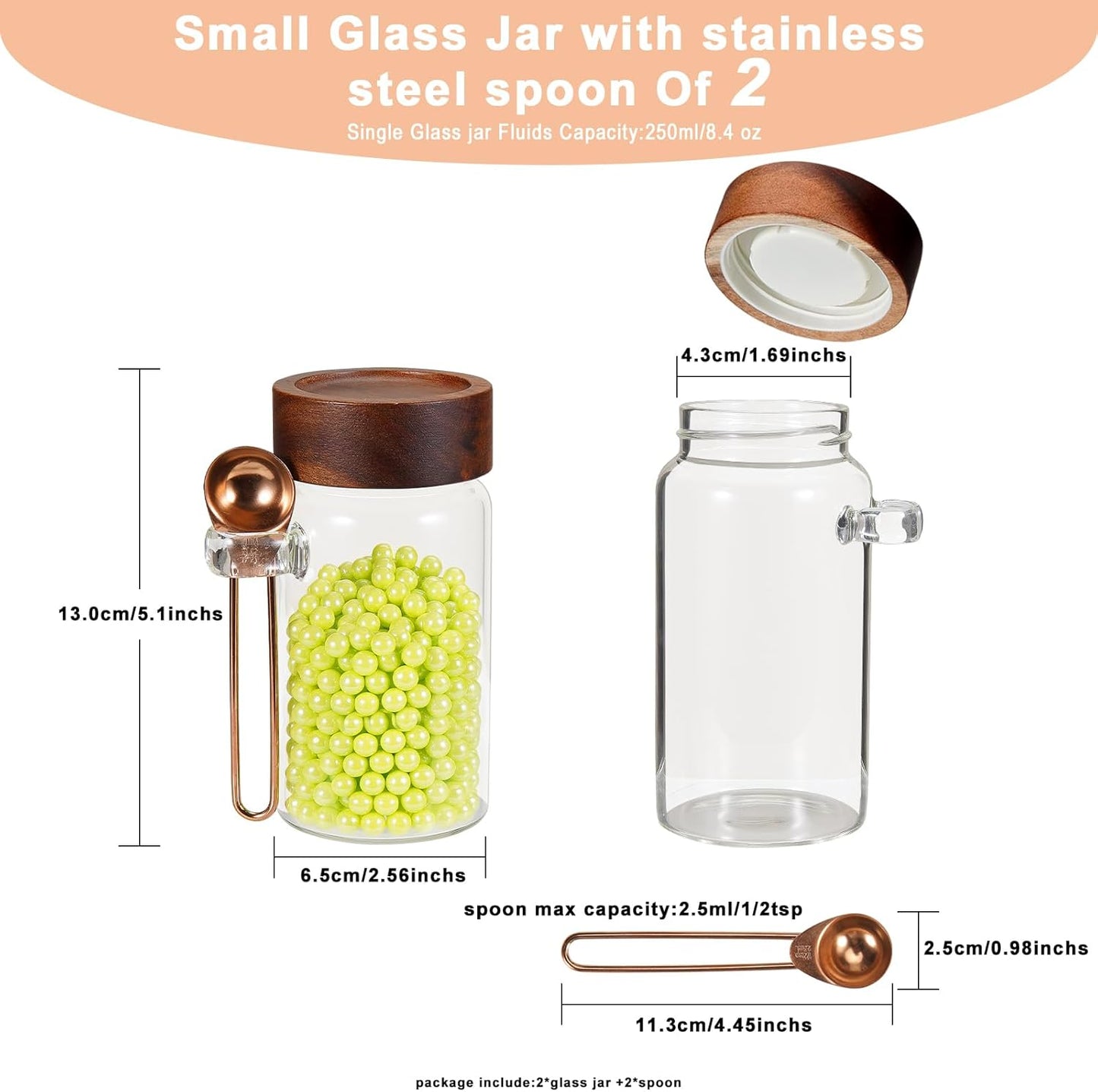 8oz Small Glass Spice Jar with Spoon Coffee Sugar Container Airtight Food Storage Canisters Bottle for Kitchen Seasoning Tea Herb Overnight Oats Bar(2×250ml(8.4oz))