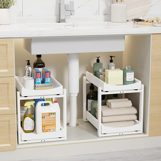 Bamboo Under Sink Organizer Adjustable Height 2 Tier Bathroom Organizer Pull Out Cabinet Storage Kitchen Heave Duty Wood Slide Ou Shelf for Kitchen Bathroom (Black, 2 Packs) (White, 2 Packs)