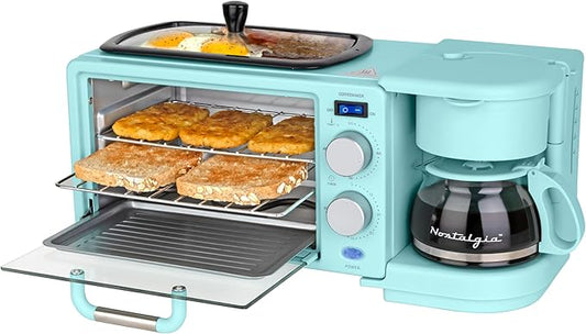 Nostalgia 3-in-1 Retro Breakfast Station - Includes 5 Cup Coffee Maker, Non-Stick Ceramic Griddle, and 4-Slice Toaster Oven - Built-In Timer, Reusable Coffee Filter, Space-Saving Design - Aqua