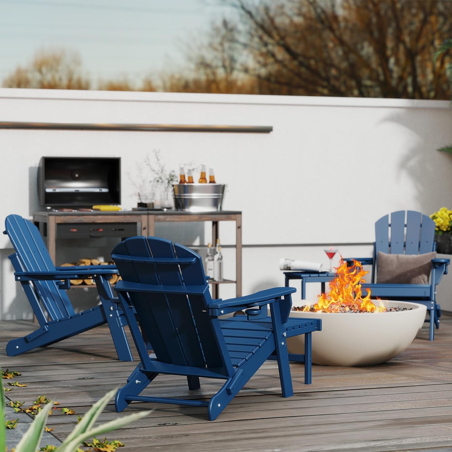 GREENVINES Adjustable Adirondack Chair with Retractable Ottoman Set of 2 | Folding | HDPE Plastic | Fire Pit Chairs w/Foot Rest | 2 Cup Holders | Blue | for Outdoor Patio Poolside Deck