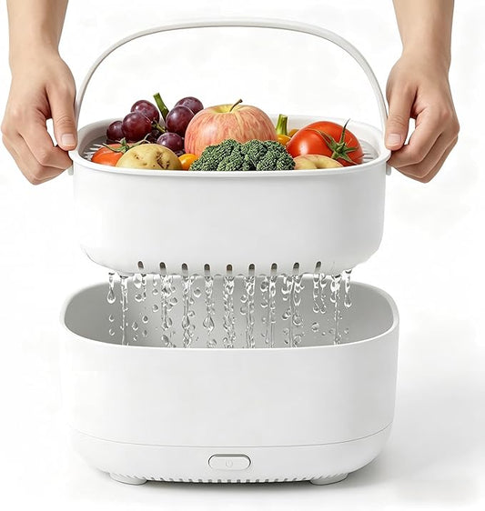 Ultrasonic Produce and Berry Washer, Gentle Fruit Vegetable Cleaner for Fragile Berries and Salads, 2-Tier Drain Basket, Battery Operated Countertop Device