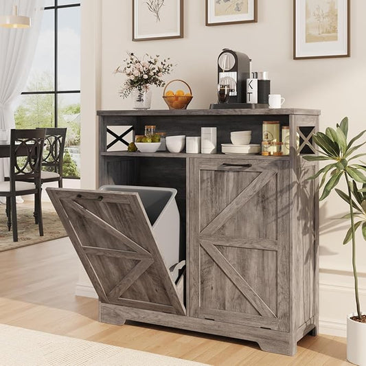 Befrases Double Tilt Out Trash Can Cabinet for 13 * 2 Gallon Garbage Can, Farmhouse Kitchen Garbage Trash Bin for Hidden Laundry Basket, Dual Dog Proof Recycling Cabinet for Dining Living Room, Grey