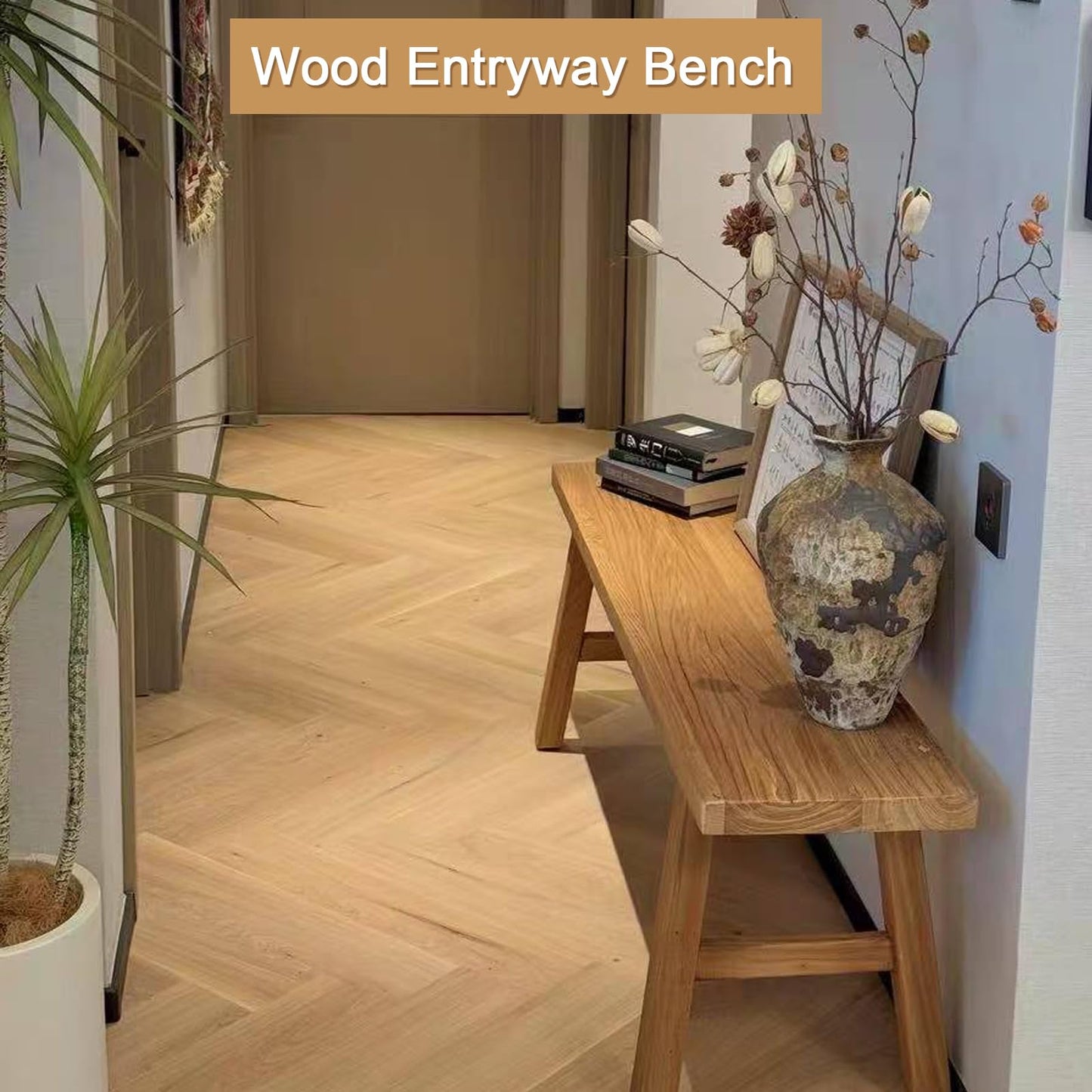 Farmhouse Wooden Bench Indoor,Natural Wood Entryway Bench Long Bench for Living Room Dining Room,Solid Wood Shoe Bench Entryway Benches with Armless Design(Wood)