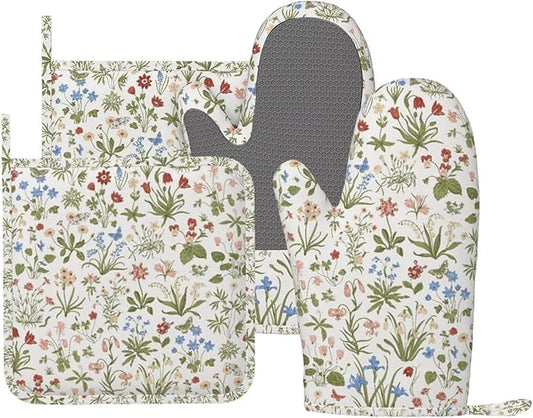 Vintage Wildflowers Botanical Oven Mitts and Pot Holders Sets Silicone Florals Kitchen Oven Mitts Hot Pads Heat Resistant Flowers Potholders Kitchen Mitts Set for Baking BBQ Cooking