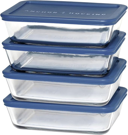 Anchor Hocking SnugFitTM Rectangular Food Storage Containers with Lids (4-Piece, 6-cup, Navy Blue, oven-safe)