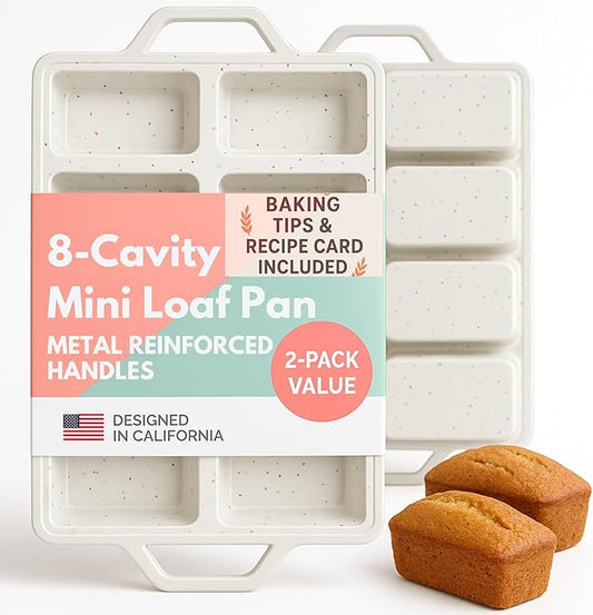 2-Pack Silicone Mini Loaf Pans for Baking Bread – 8-Cavity Nonstick Baking Molds with Metal-Reinforced Handles – BPA-Free, Odor-Resistant Silicone mini bread loaf pans for Cakes & Meatloaf – Cream