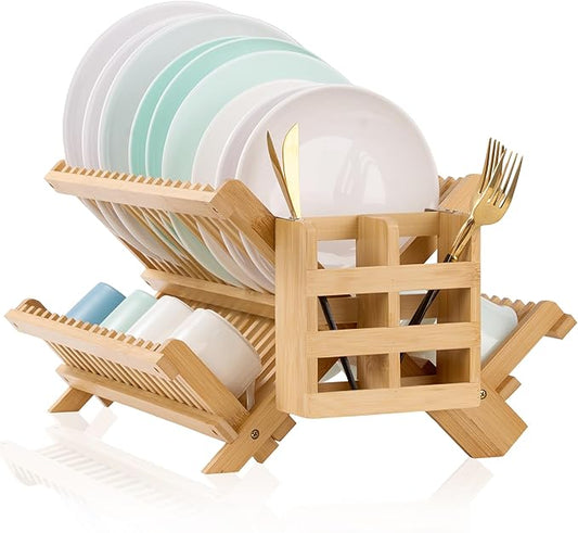 NOVAYEAH Bmaboo Dish Drying Rack for Kitchen Counter 3-Tier Collapsible Wooden Dish Drying Rack with Utensil Holder Dish Drainer Large Folding Dish Rack with Utensils Flatware Holder 51 pcs Grid