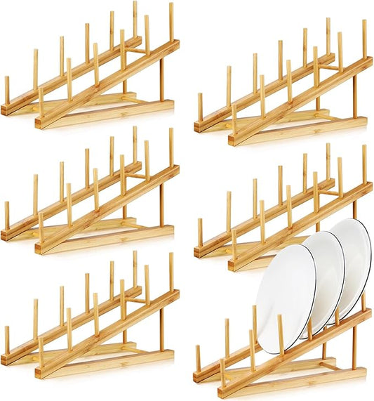 Suclain 6 Pcs Wooden Bamboo Dish Drying Rack Kitchen Cabinet Organizer for Cabinet Cutting Board Display Stand for Dish Plate Bowl Water Bottles Cup Pot Lid Cutting Board