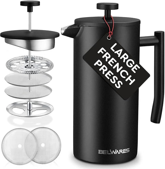 Belwares French Press Coffee Maker - Large 50oz 6-Cup, 304 Stainless Steel Coffee Press, Double Wall Insulated Heat Retention, 4-Level Filtration for Smooth Ground-Free Coffee, 2 Extra Filters, Black