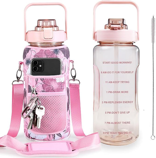 Half Gallon Water Bottle with Sleeve, 64OZ Motivational Water Bottle with Straw & Time Marker, BPA Free Leakproof Large Sports Water Bottle, Reusable Water Jug for Workout Gym Sport