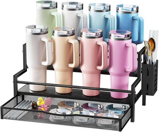 Water Bottle Organizer for Full Stanley 40 oz Tumbler with Handle, 2 Tier Tumbler Organizer for 8 Cups, Kitchen Pantry Organizers and Storage for Owala Stanley Cup Accessories, Black