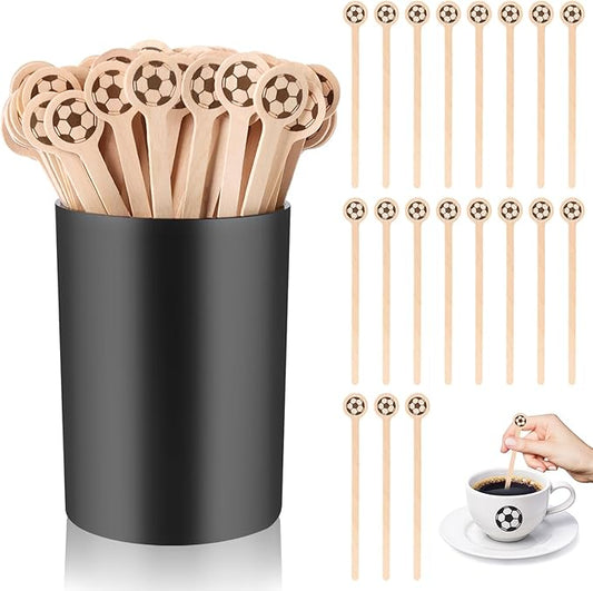 100 Pcs Soccer Coffee Stir Sticks and Holder Coffee Stirrers Wood 6 Inch Soccer Swizzle Sticks Tea Stirrers Disposable Round End Cocktail Stirrers Black Coffee Stirrers Holder for Soccer Party Favors