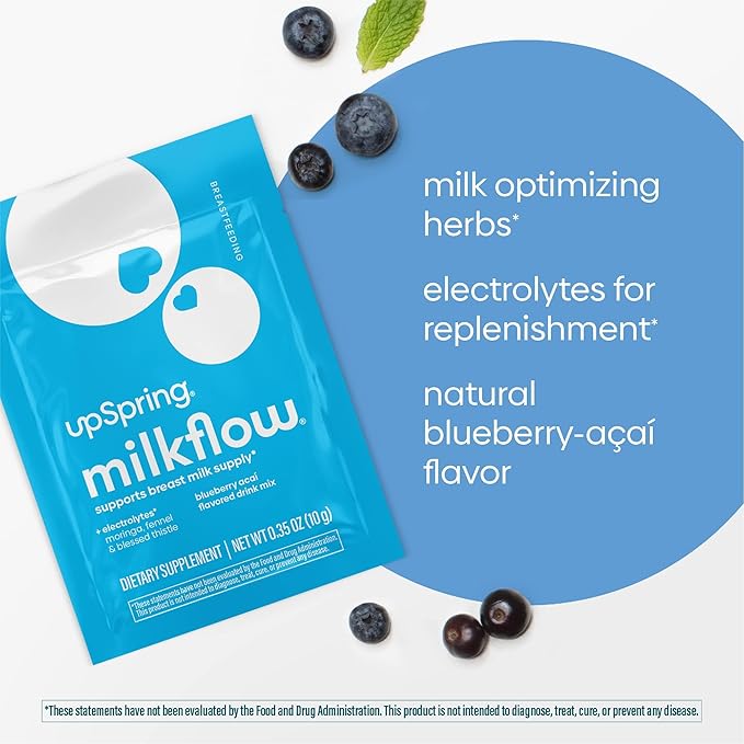 UpSpring Milkflow Electrolyte Breastfeeding Supplement Drink Mix Fenugreek-Free, Moringa & Blueberry Acai Flavor, Lactation Supplement to Support Breast Milk Supply and Restore Electrolytes, 16 Mixes