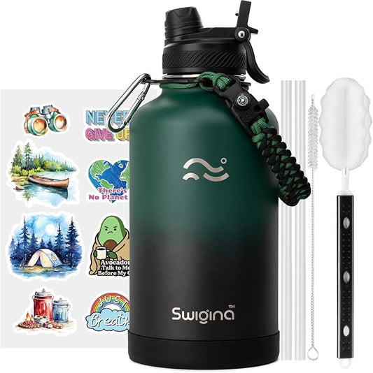 Swigina Insulated Water Bottle with Silicone Boot (36hrs Cold/18hrs Hot) - DIY Stickers, [2-in-1 Lid], BPA Free, 64 oz