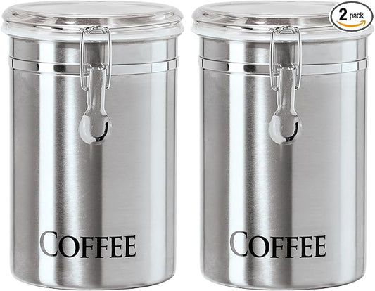 Oggi Stainless Steel Coffee Canister 62 fl oz - Airtight Clamp Lid, Clear See-Thru Top - Ideal for Coffee Bean Storage, Ground Coffee Storage, Kitchen Storage, Pantry Storage. Large Size 5" x 7.5".