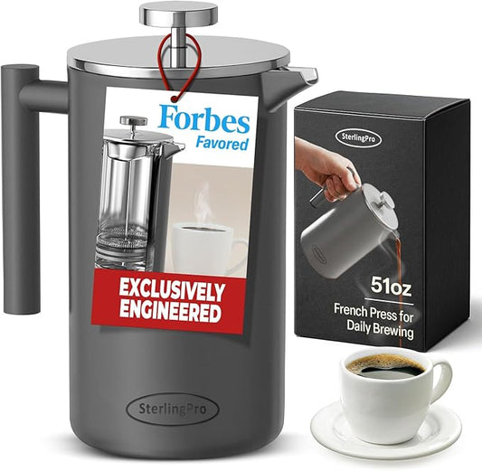 SterlingPro Stainless Steel French Press Coffee Maker 1.5 L (51 oz) Grey – Double Walled Insulated Large Coffee Press, Durable Design Keeps Drinks Hot, Easy to Use and Clean for Rich Flavor Brewing