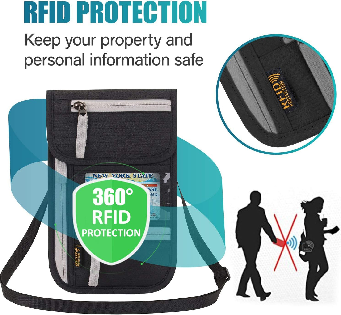 Peicees RFID Blocking Travel Neck Wallet for Men Women Family Passport Holder Lanyard Neck Pouch Slim Travel Document Holder