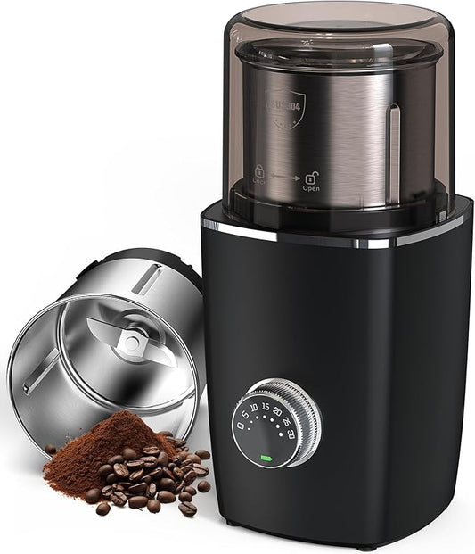 CEVING Hands-Free Blade Coffee Grinder, Cordless Coffee Mill with 5-30S Adjustable Grinding, Triple-Lock Safety & 1500mAh Rechargeable Battery with Removable Bowl, Portable for Camping, Travel, etc.