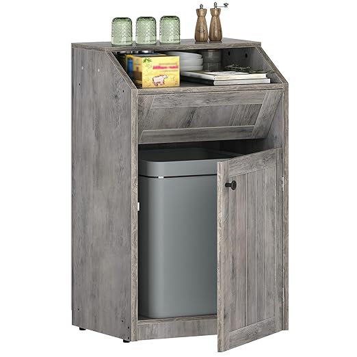 YATINEY Trash Cabinet, Freestanding Trash Can Cabinet, Wooden Recycling with Flip Door, 10 Gallon Hidden Kitchen Garbage Can for Kitchen, Living Room, Grey WB01BG