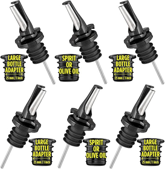 3-in-1 Liquor Pour spout with Built-in Fruit Fly Protection - Dishwasher Safe Hygienic Alcohol Speed Spouts - Also for Olive Oil, Juice, Syrup. Black 6 Pack with 6 Adapters for Large Neck Bottles