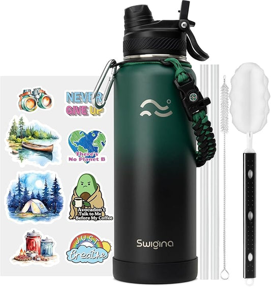 Swigina Insulated Water Bottle with Silicone Boot (36hrs Cold/18hrs Hot) - DIY Stickers, [2-in-1 Lid], BPA Free, 40 oz