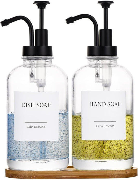 Glass Soap Dispenser with Pump, Dish and Hand Soap Dispenser for Kitchen Bathroom Set, Clear Glass Dispenser Set of 2 Pack with 18 Stickers Funnel Bamboo Tray 500ml 18oz / Each Bottle Sliver Pump