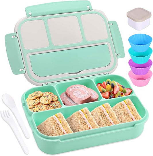 shell and turtle Bento Box Adult Lunch Box, Lunch Containers for Kids Girls Boys with 4 Compartments, Lunchable Food Container with Utensils, Sauce Jar, Muffin Liners, 40 Oz/5 Cup, Seafoam Green