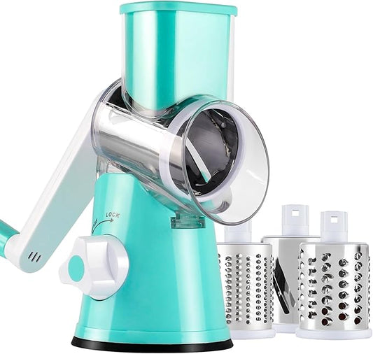 Cheese Grater Hand Crank, Rotary Vegetable Shredder with Handle and Strong Suction base, 3 in 1 Kitchen Speed Spin Veggie Slicer Nut Grinder for Pizza Top, Hash brown, Salad and More (Blue)